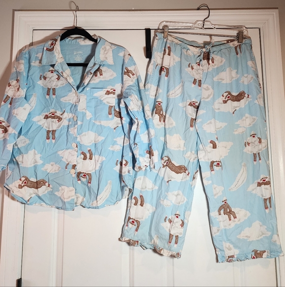 Nick & Nora Sky Blue Sock Monkey 2 Piece Pajama Set Cotton Medium